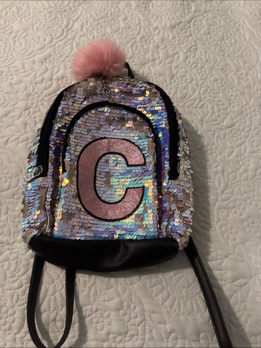 Justice Silver Sequin Backpack with Pink 'C' and Pink Pom